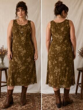Vintage Saint Tropez Floral Midi Dress Olive Brown Side Tie Cottagecore Size 12